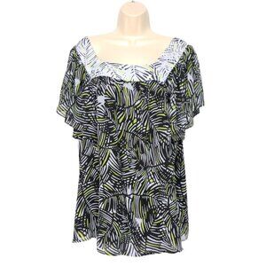Worthington Tunic Top Plus Size 1X Black White Green Geometric Sheer Square Neck